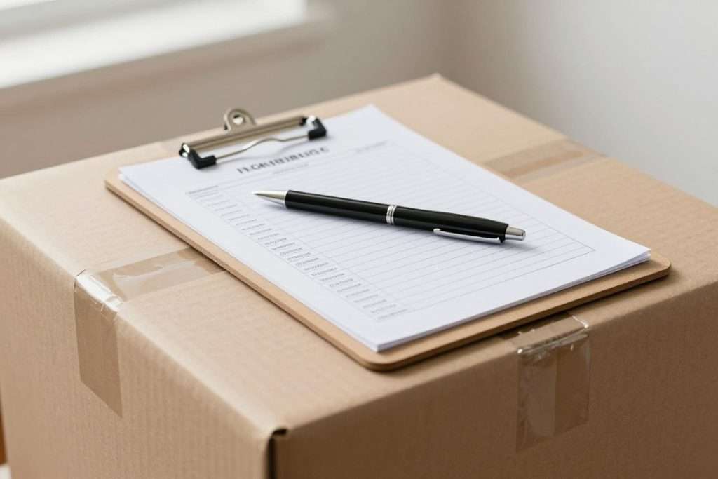 Clipboard and inventory checklist resting on a moving box