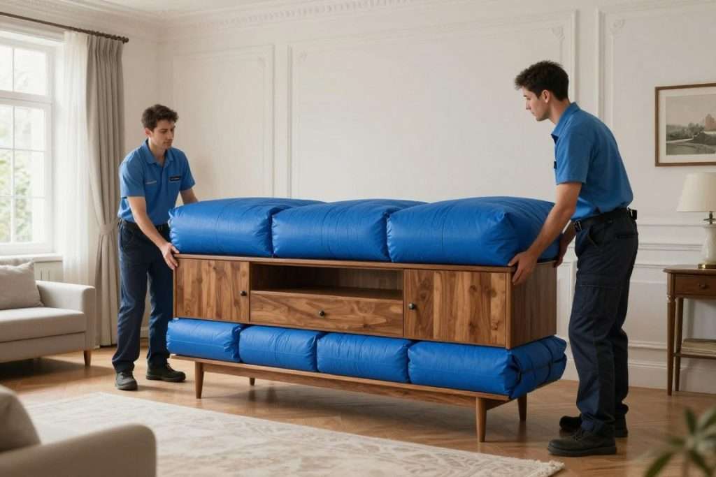 Movers wrapping a wooden credenza in protective moving blankets