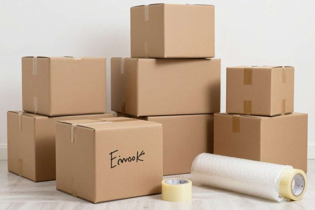 Neatly stacked and labeled moving boxes inside a staging room